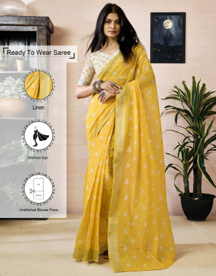 Samah Geometric Print, Printed, Embellished Daily Wear Linen Saree(Yellow)