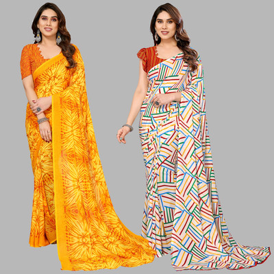 Anand Sarees Printed Daily Wear Georgette Saree(Pack of 2, Yellow, Multicolor)