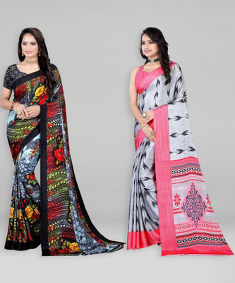 Leelavati Printed Bollywood Crepe Saree(Pack of 2, Multicolor, Grey)