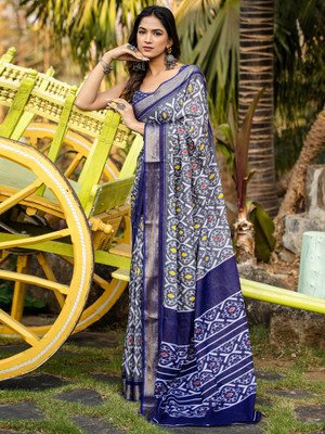 Anouk Rustic Printed Ikkat Cotton Blend Saree(Grey)