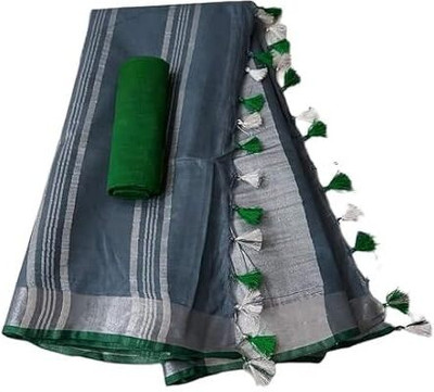Aamir Fashion Textile Solid/Plain Bhagalpuri Handloom Cotton Linen Saree(Grey)