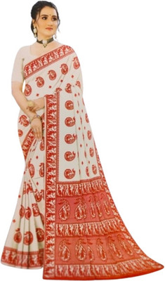AD COLLECTIONS Floral Print Handloom Cotton Silk Saree(White)