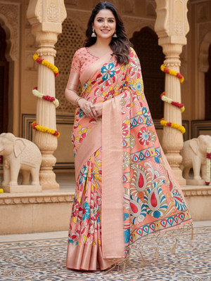 ZAMUNA Digital Print, Floral Print, Woven, Animal Print Banarasi Tussar Silk, Linen Saree(Orange)