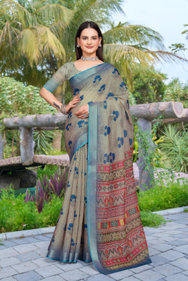 PHEASANT Digital Print Bollywood Cotton Linen Saree(Blue)