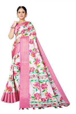 J6 Designers Embellished, Printed, Floral Print Bollywood Cotton Silk Saree(Pink, White)