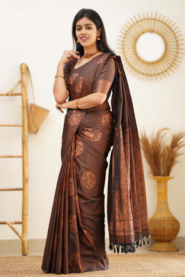 HouseOfCommon Woven, Printed Banarasi Art Silk Saree(Brown)