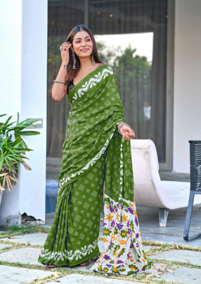 JASU CREATION Printed Bandhani Pure Cotton Saree(Green)