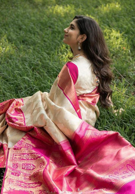 preyufashion Woven Banarasi Art Silk, Jacquard Saree(Pink)