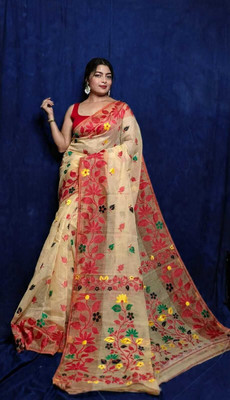Lakshmi Boutique Self Design Jamdani Cotton Blend Saree(Cream, Red)