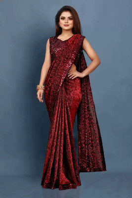 shree labh mart Embellished Bollywood Lycra Blend Saree(Maroon)