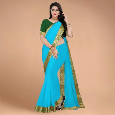 Volmina Solid/Plain, Woven Chanderi Cotton Blend Saree(Light Blue)