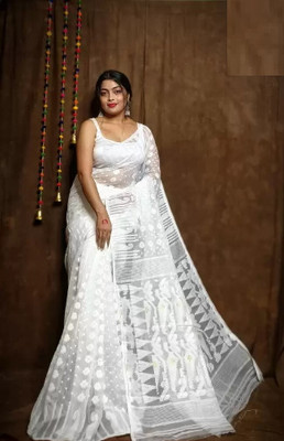 Maa kali saree center Self Design Jamdani Cotton Silk Saree(White)