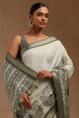 soch Printed Saree with Attached Blouse Tussar Silk Saree(Light Green)