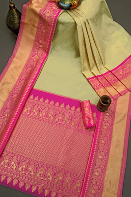 SHOPDROP Woven Kanjivaram Pure Silk Saree(Light Green)