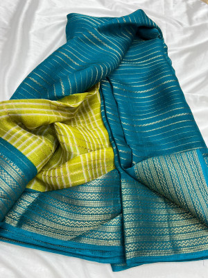 R s sarees Striped, Checkered, Woven Mysore Crepe Saree(Yellow, Green)