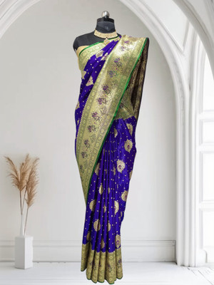 aksham silk saree Self Design Banarasi Pure Silk Saree(Dark Blue)