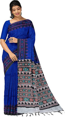 Joyguru Textile Printed Handloom Cotton Blend Saree(Blue)