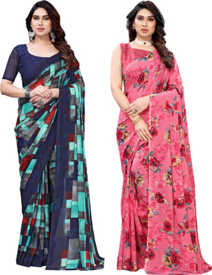 Samah Printed, Floral Print, Geometric Print Daily Wear Georgette Saree(Pack of 2, Multicolor)