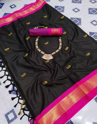 EBAAD TEXTILE Woven Paithani Cotton Silk Saree(Black, Pink)