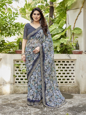 NIRMOHIFASHION Floral Print Bollywood Georgette Saree(Blue, Grey, Dark Blue)