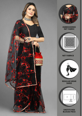 Yashakti Designer Embroidered Bollywood Net Saree(Black)