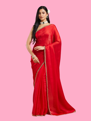 Croza Solid/Plain Bollywood Organza, Pure Silk Saree(Red)