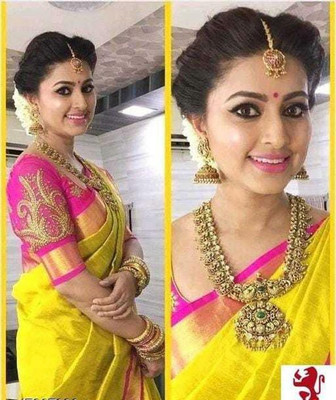 JK ETHNIC WEAR Striped, Solid/Plain Bollywood Cotton Silk Saree(Yellow)
