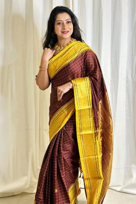Flosive Striped Banarasi Pure Silk Saree(Yellow)