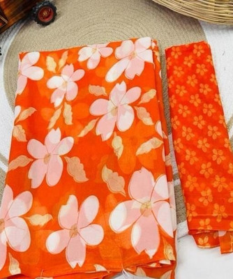 AARTI SELECTION Printed Bandhani Georgette Saree(Orange, White)