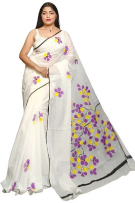 ANU INDIAN FASHION Hand Painted, Floral Print Handloom Cotton Blend Saree(White, Purple)