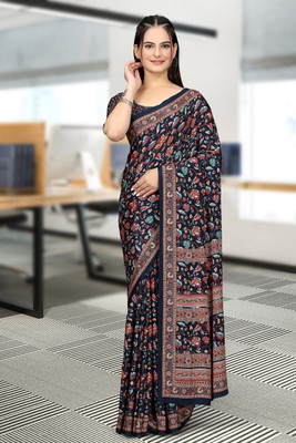 SAADHYA CREATION Embroidered, Solid/Plain Bollywood Crepe Saree(Dark Blue, Multicolor)