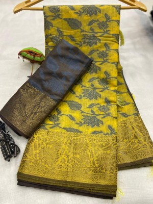 ETHNICSIDE Woven Kanjivaram Pure Cotton, Cotton Silk Saree(Yellow)