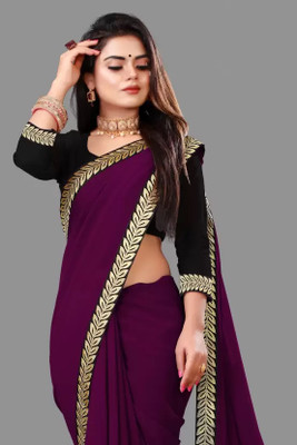 Om Sai Creation Solid/Plain Daily Wear Georgette Saree(Purple)