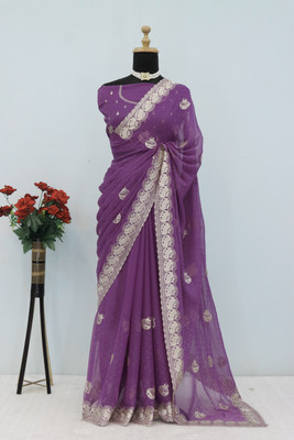 Dk Trendz Embroidered Bollywood Organza Saree(Purple)