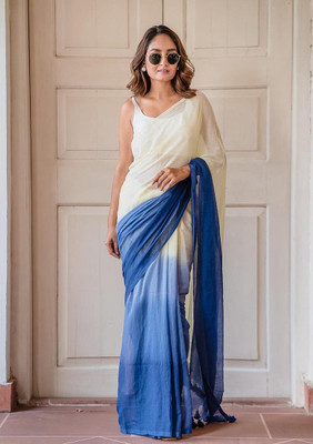 Aika Color Block Daily Wear Linen Saree(White, Blue)