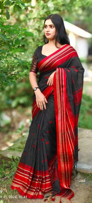 HouseOfCommon Solid/Plain Handloom Pure Cotton Saree(Black, Red)