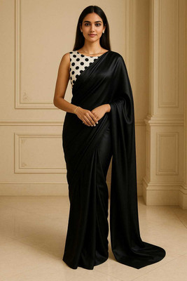 shreeji creation Solid/Plain Bollywood Satin Saree(Black)