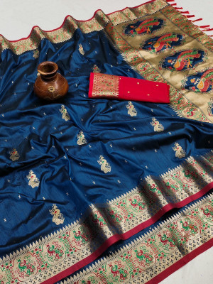 Bansari Textiles Self Design Banarasi Art Silk Saree(Dark Blue)