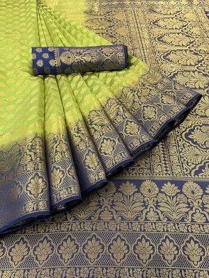 Rupatika Woven Kanjivaram Pure Silk, Cotton Silk Saree(Dark Blue, Light Green)