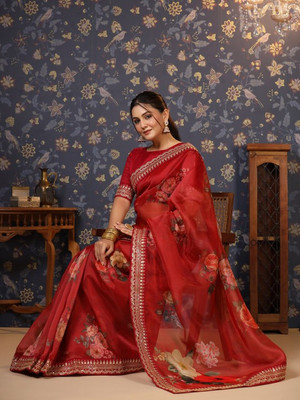 SELUXA Digital Print Bollywood Organza Saree(Red)