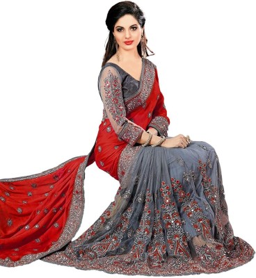 ZENBLAZE Printed, Digital Print, Striped, Self Design, Embroidered Bollywood Silk Blend, Net Saree(Red, Grey)