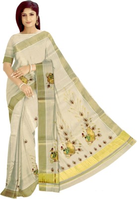 BRINDAVAN CREATIONS Embroidered Bollywood Cotton Blend Saree(Beige)