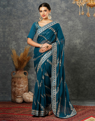 Samah Embellished, Embroidered, Dyed Bollywood Georgette Saree(Blue)