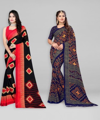 Leelavati Printed Bandhani Georgette Saree(Pack of 2, Dark Blue, Red)