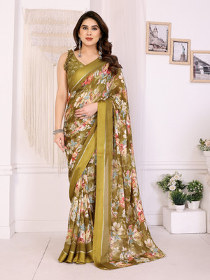 HouseOfCommon Floral Print Daily Wear Satin Saree(Mustard)