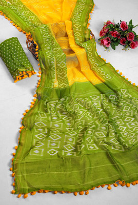 Dori Printed Bandhani Cotton Blend Saree(Yellow)