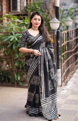 STAVA CREATION Digital Print Bollywood Cotton Silk Saree(Black)