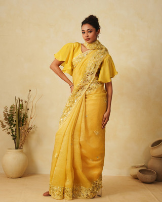VRAJTEX FAB Embroidered Bollywood Jimmy choo Saree(Yellow)