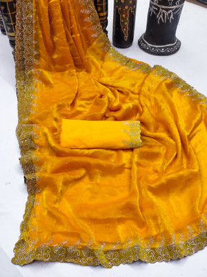 Anand Sarees Embellished Bollywood Jimmy choo, Chiffon Saree(Yellow)