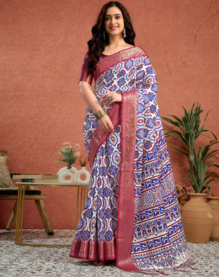 Tasrika Printed, Woven, Embellished Kalamkari Tussar Silk, Cotton Silk Saree(Multicolor, White)